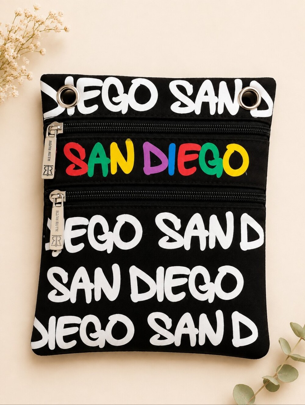 Robin Ruth San Diego Crossbody Travel Bag Black Colorful Zip Pouch